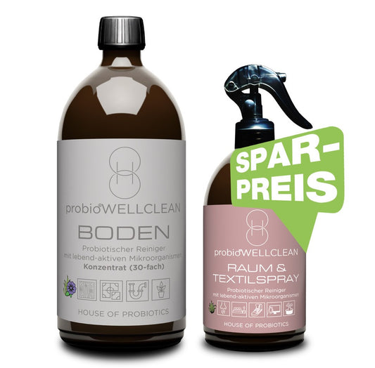 Spar-Preis-Angebot: probiotischer BODEN Reiniger (30-fach-Konzentrat, 1 Liter) + 1 Flasche RAUM & TEXTILSPRAY