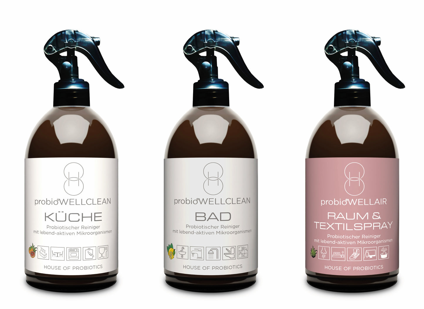 3er TEST-Set zum Spar-Preis: probiotische Reiniger für KÜCHE und BAD sowie ein RAUM & TEXTILSPRAY (3 Flaschen x 500ml, jeweils mit Mikro-Sprühkopf, sofort anwendbar))