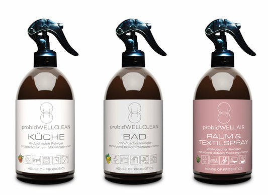 3er TEST-Set zum Spar-Preis: probiotische Reiniger für KÜCHE und BAD sowie ein RAUM & TEXTILSPRAY (3 Flaschen x 500ml, jeweils mit Mikro-Sprühkopf, sofort anwendbar))