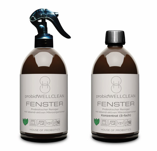 2er-Set probiotischer FENSTER Reiniger (sofort anwendbar, 500ml + 5-fach-Konzentrat, 500ml, ergeben 3 Liter probiotischen FENSTER Reiniger)